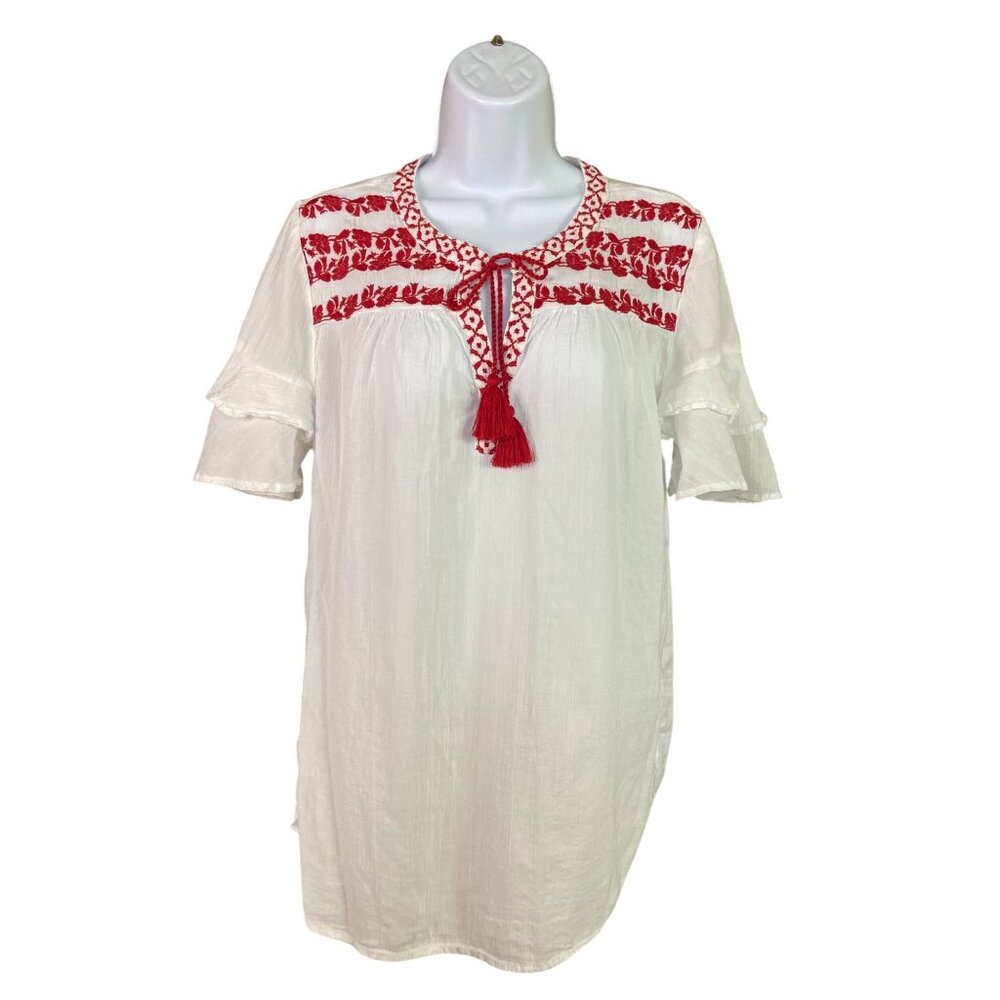 Liz Claiborne Boho Chic White  Red Embroidered Tassel Peasant Blouse